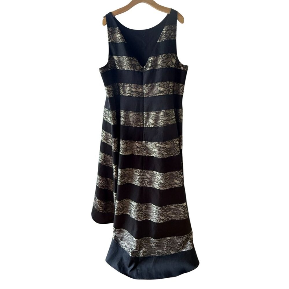 Adrianna Papell Black Silver Lace Mikado Striped Sleeveless Hi Lo Dress 22W Gown - Picture 3 of 11